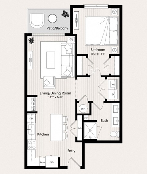 Floor plan for 1 bed, 1 bath, 780 sqft